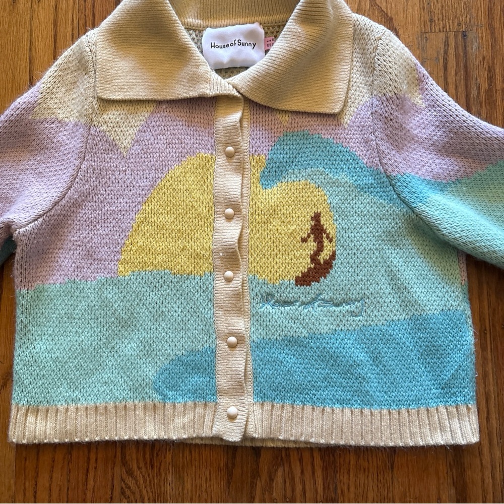 House Of Sunny Surfer Graphic Print Stretch Knit Cardigan Size 4 - Picture 7 of 16